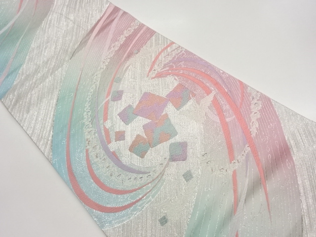 曲線に色紙散らし・群鶴模様織出し袋帯